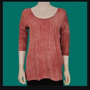 3/$30 SHANNON FORD Dusty Pink Embroidered Beaded Sequin Batik Tunic